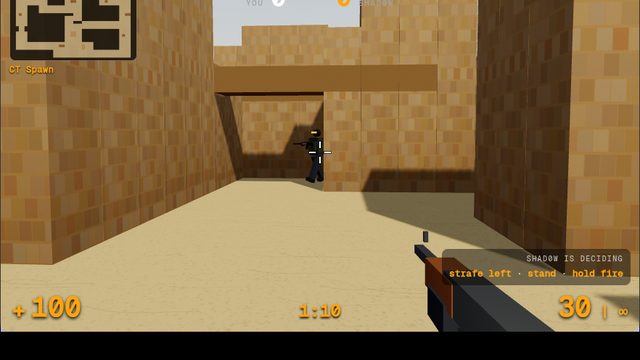 First-person view of the duel: the shad0w bot peeking past a crate
